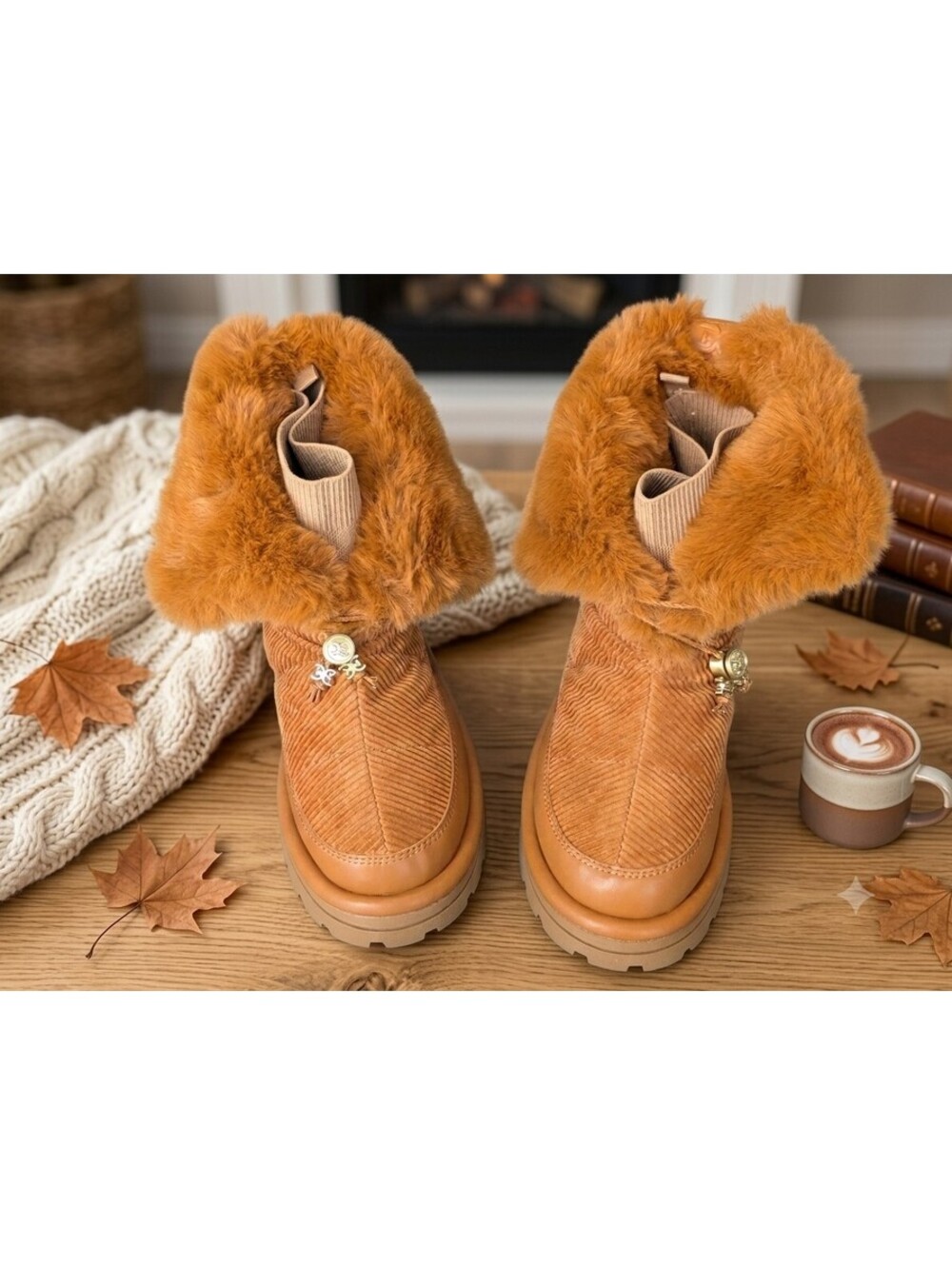 Sam Edelman Corduroy Faux Fur Ankle Boots Tan Chestnut